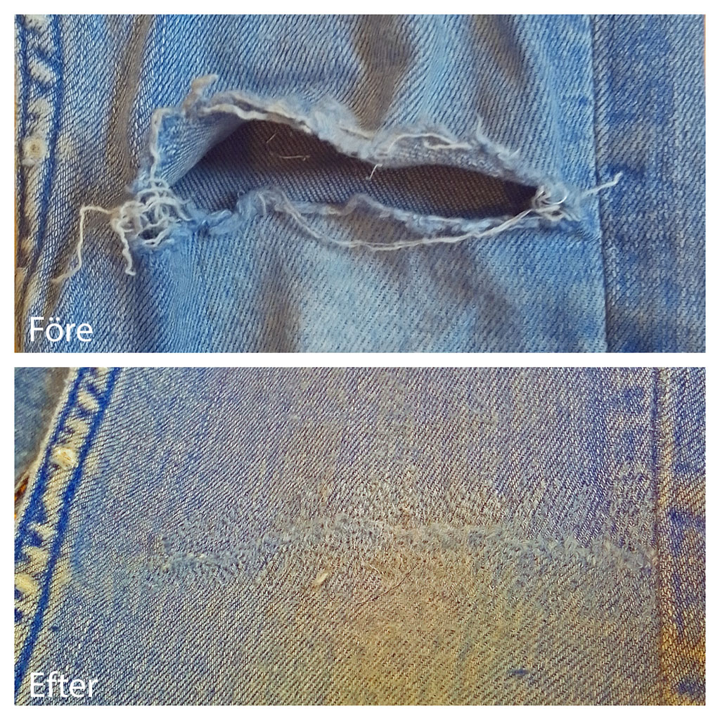 Här har vi lagat jeans med hål på knäet. Bilden visar före och efter lagning.